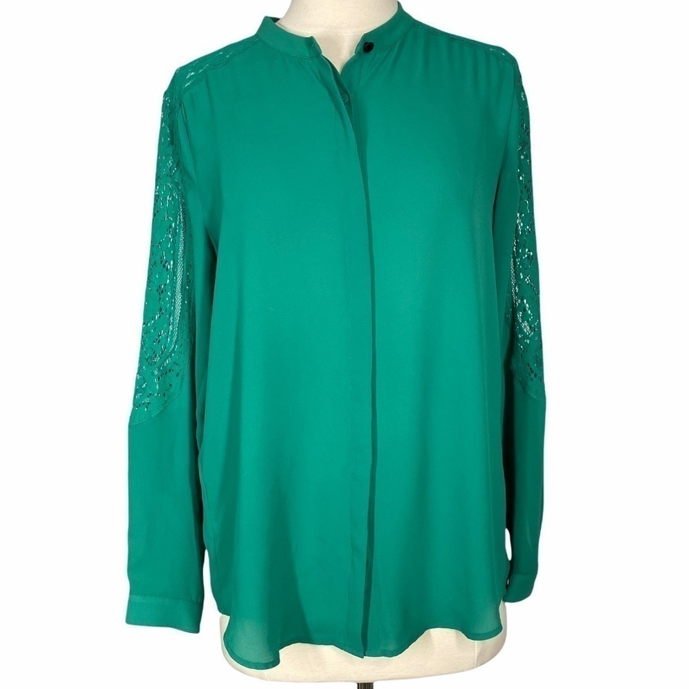 THE KOOPLES Green Placket Blouse with Lace Sleeve Accents